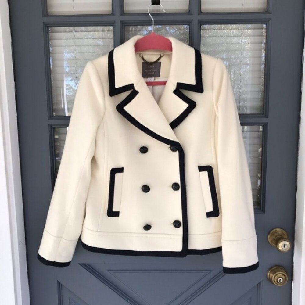 J. Crew Nello Gori Cream Black Double Breasted Wool Peacoat Jacket Blazer Size 8 - Picture 1 of 9